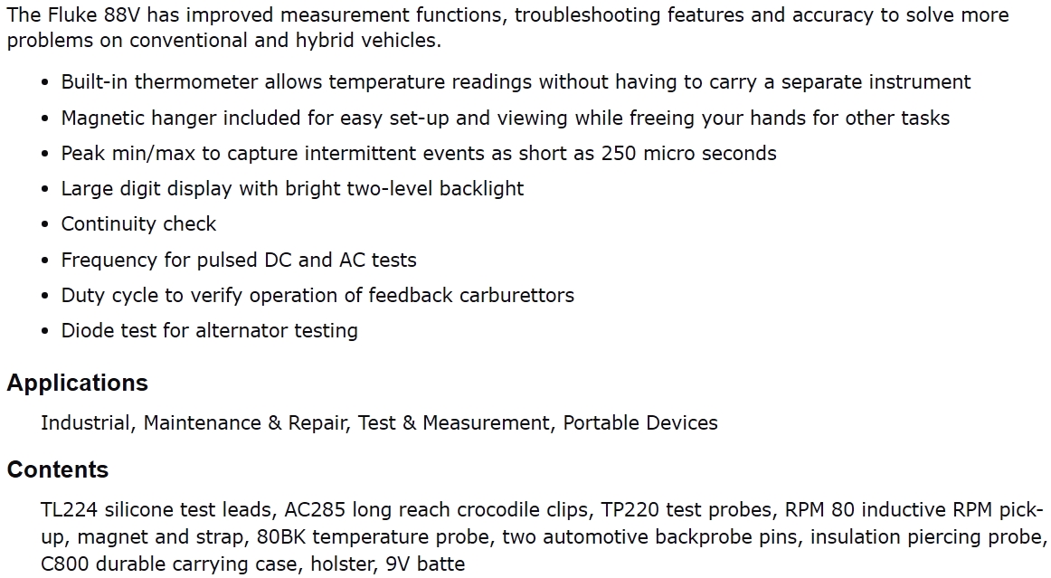 רב מודד מולטימטר לאלקטרוניקה פלוק FLUKE 88V A KIT TEXT